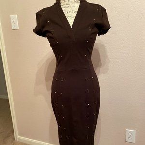 Cache Chocolate Brown Gold Studded Sheath Dress